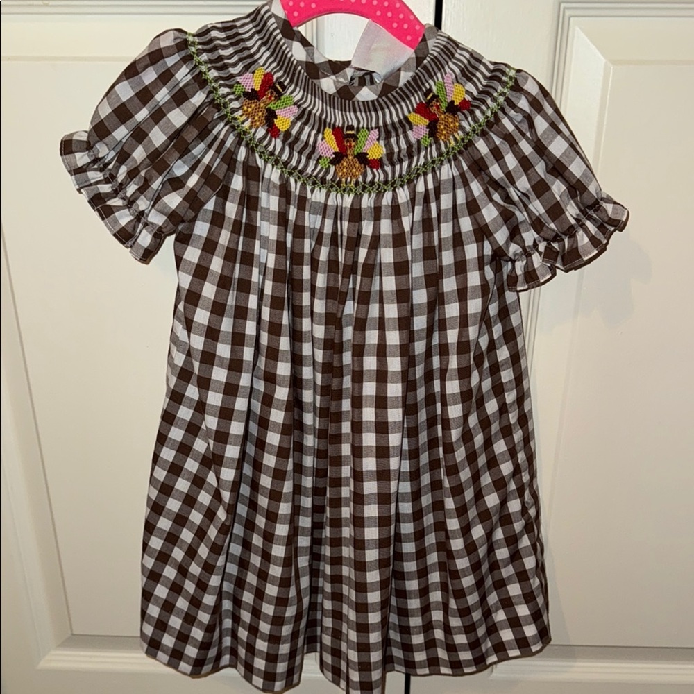 Smocked Brown and White Turkey Checkered Dress with Floral Embroidery